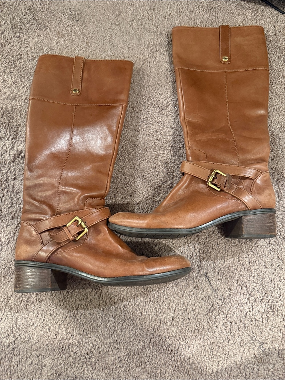 Classic Tall Leather Riding Boots with Buckle Detail in Cognac